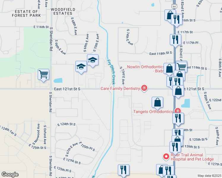 map of restaurants, bars, coffee shops, grocery stores, and more near 7450 East 121st Street South in Bixby
