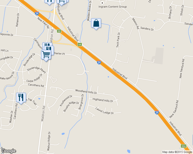 map of restaurants, bars, coffee shops, grocery stores, and more near 104 Armstrong Court in La Vergne