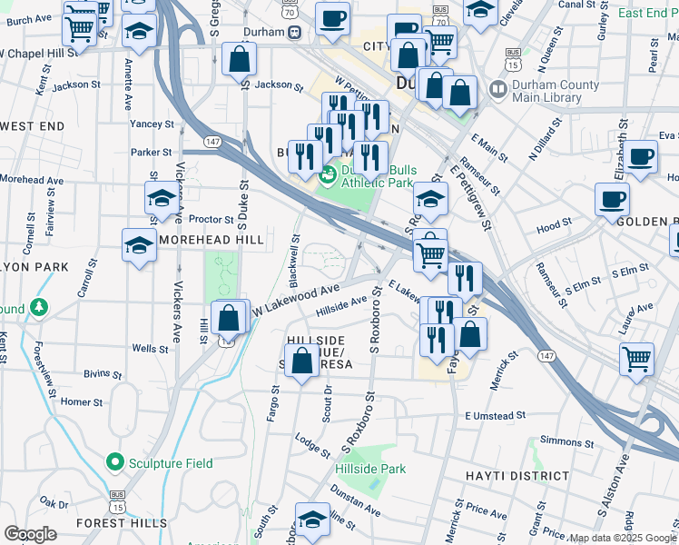 map of restaurants, bars, coffee shops, grocery stores, and more near 9 Blackwell Street in Durham