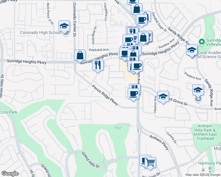 map of restaurants, bars, coffee shops, grocery stores, and more near 2727 Warm Rays Avenue in Henderson