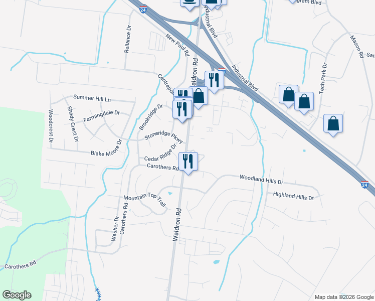 map of restaurants, bars, coffee shops, grocery stores, and more near 105 Ridgeview Court in La Vergne