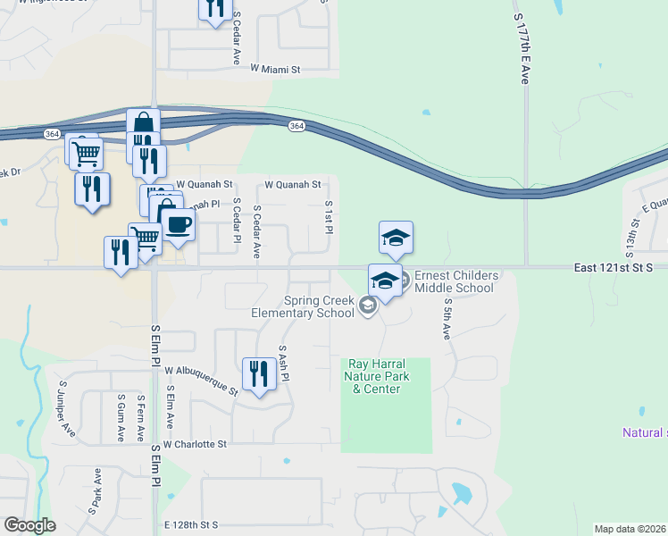 map of restaurants, bars, coffee shops, grocery stores, and more near 17001 East 121st Street South in Broken Arrow