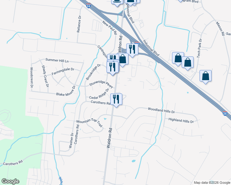 map of restaurants, bars, coffee shops, grocery stores, and more near 123 Kingsridge Drive in La Vergne