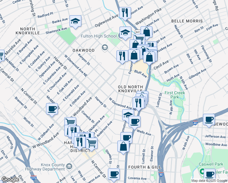 map of restaurants, bars, coffee shops, grocery stores, and more near 1375 Kenyon Street in Knoxville