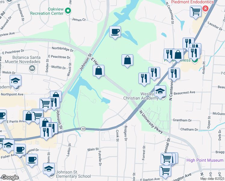 map of restaurants, bars, coffee shops, grocery stores, and more near 1616 Lakewood Drive in High Point