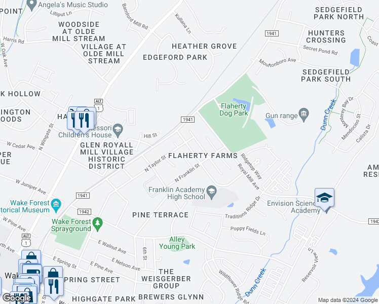 map of restaurants, bars, coffee shops, grocery stores, and more near 508 Flaherty Avenue in Wake Forest