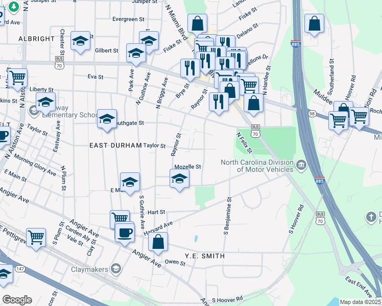 map of restaurants, bars, coffee shops, grocery stores, and more near 2330 Taylor Street in Durham