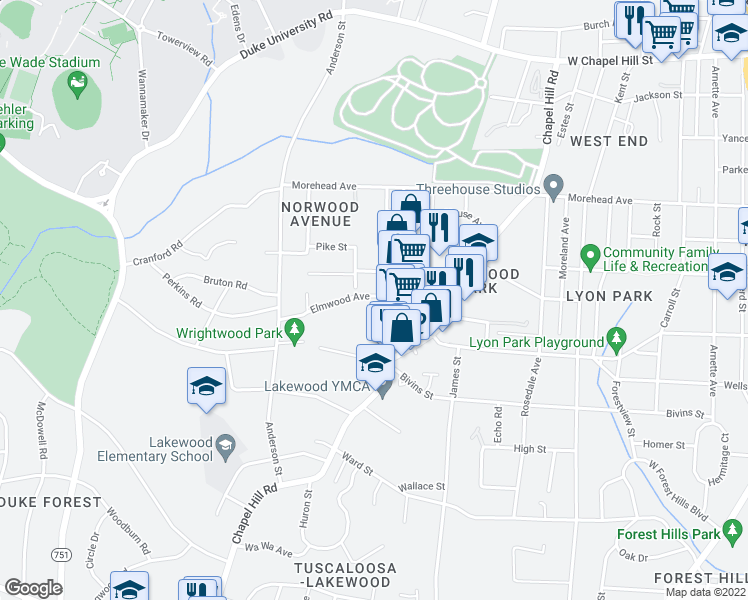 map of restaurants, bars, coffee shops, grocery stores, and more near 2006 Jersey Avenue in Durham