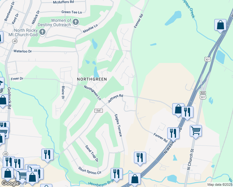 map of restaurants, bars, coffee shops, grocery stores, and more near 651-735 Jeffreys Road in Rocky Mount