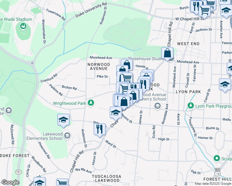 map of restaurants, bars, coffee shops, grocery stores, and more near 2006 Jersey Avenue in Durham