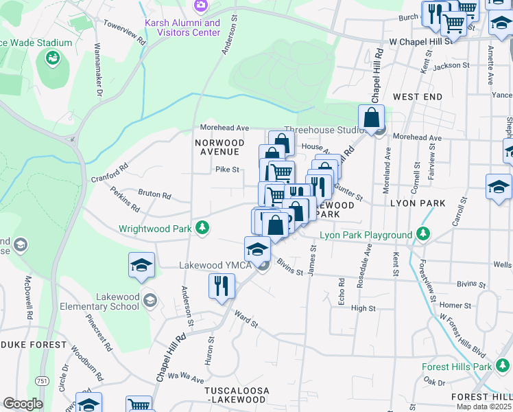 map of restaurants, bars, coffee shops, grocery stores, and more near 2006 Jersey Avenue in Durham