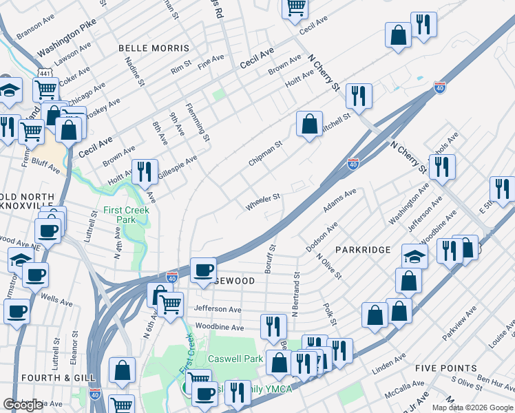 map of restaurants, bars, coffee shops, grocery stores, and more near 1908 Wheeler Street in Knoxville