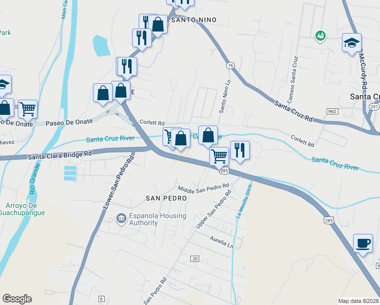 map of restaurants, bars, coffee shops, grocery stores, and more near 609 Riverside Drive in Española