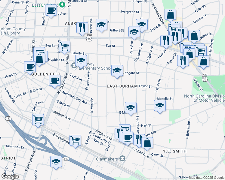 map of restaurants, bars, coffee shops, grocery stores, and more near 309 Cherry Grove Street in Durham