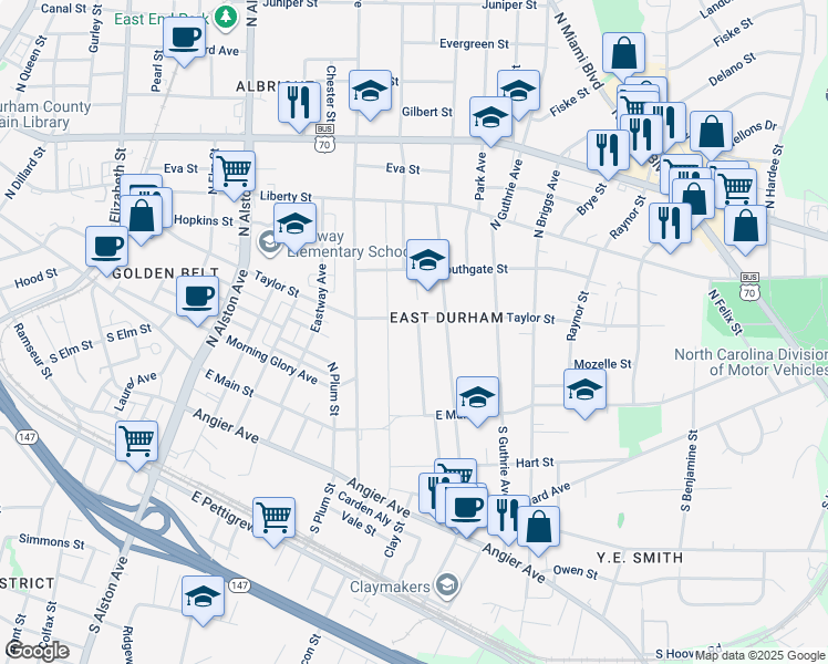 map of restaurants, bars, coffee shops, grocery stores, and more near 309 Cherry Grove Street in Durham