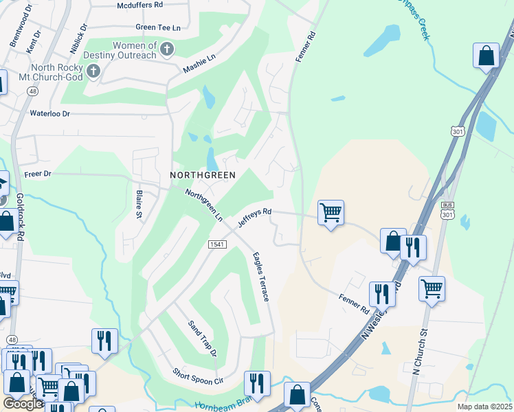 map of restaurants, bars, coffee shops, grocery stores, and more near 651-735 Jeffreys Road in Rocky Mount