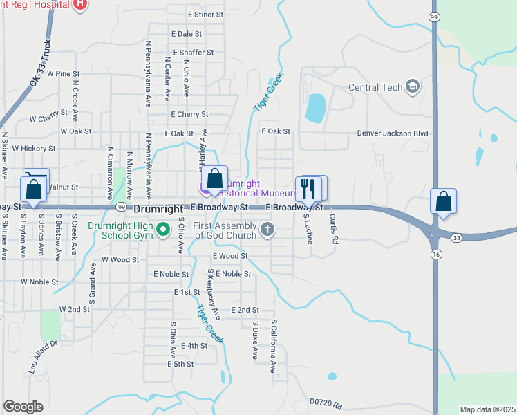 map of restaurants, bars, coffee shops, grocery stores, and more near 508 East Broadway Street in Drumright