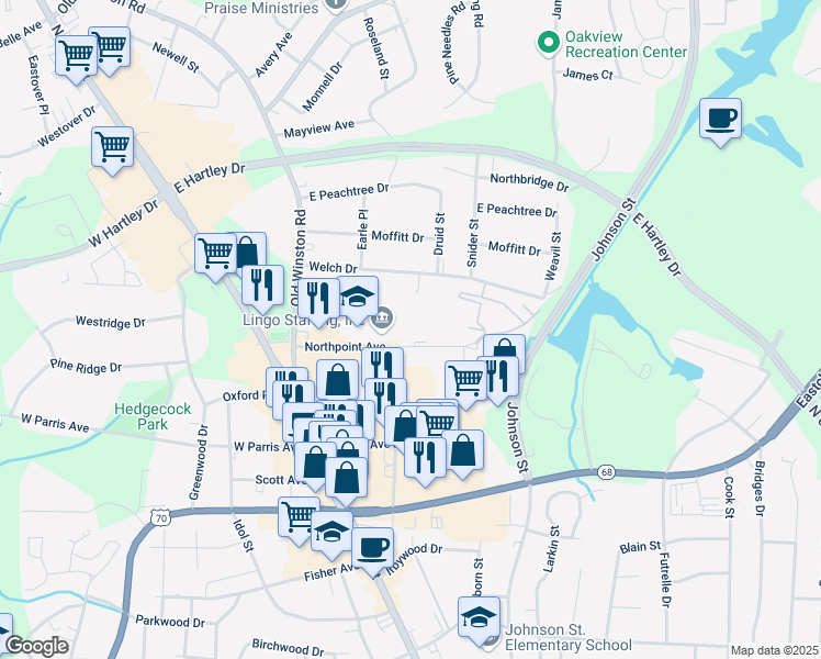 map of restaurants, bars, coffee shops, grocery stores, and more near 205 Northpoint Avenue in High Point