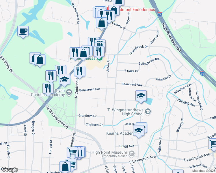 map of restaurants, bars, coffee shops, grocery stores, and more near 1533 Beaucrest Avenue in High Point