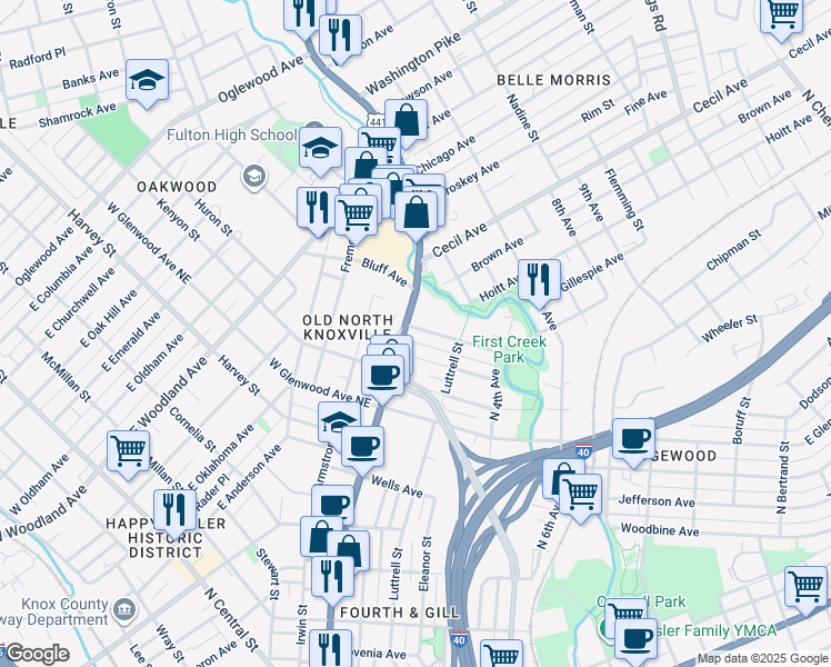 map of restaurants, bars, coffee shops, grocery stores, and more near 1616 North Broadway in Knoxville