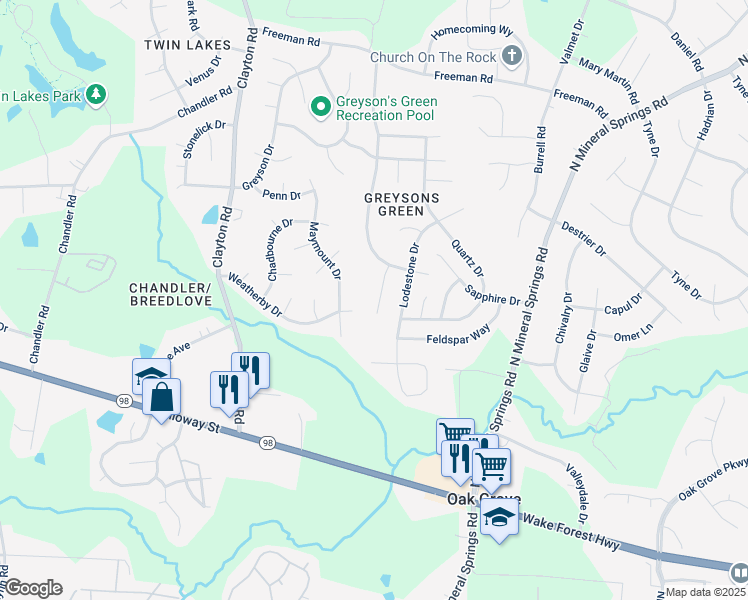 map of restaurants, bars, coffee shops, grocery stores, and more near 12 Olivene Drive in Durham
