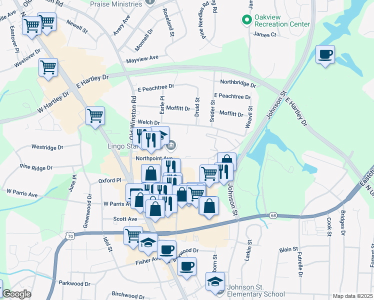 map of restaurants, bars, coffee shops, grocery stores, and more near 209 Northpoint Avenue in High Point