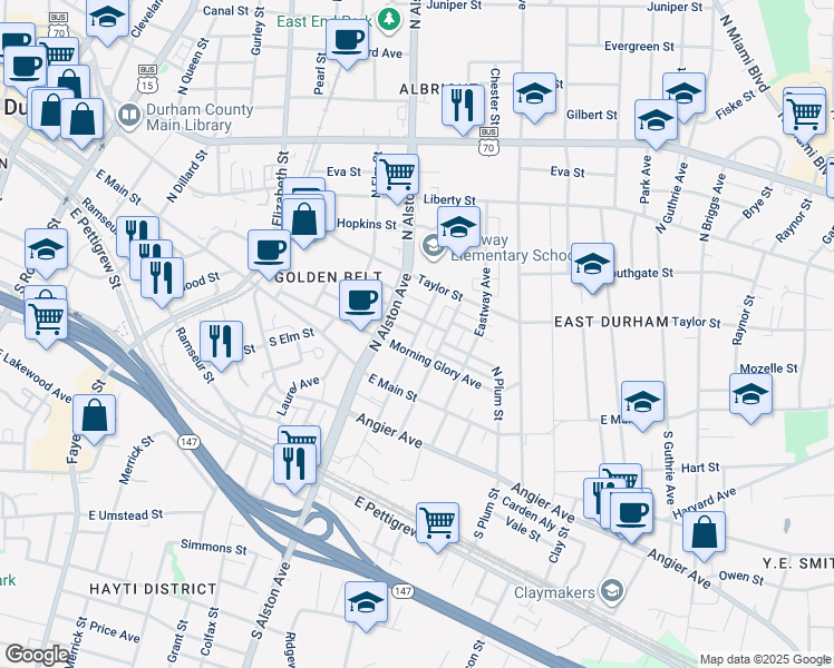 map of restaurants, bars, coffee shops, grocery stores, and more near 308 North Holman Street in Durham