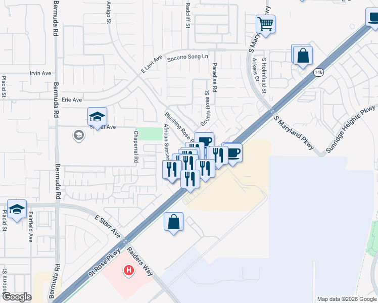 map of restaurants, bars, coffee shops, grocery stores, and more near 11101 South Abbeyfield Rose Drive in Henderson