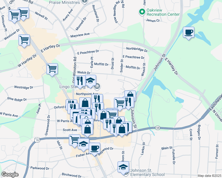 map of restaurants, bars, coffee shops, grocery stores, and more near 215 Northpoint Avenue in High Point