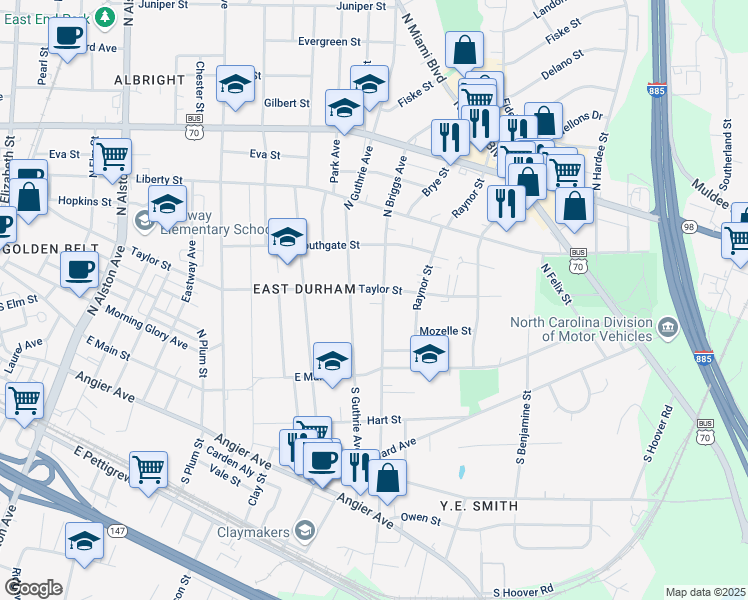 map of restaurants, bars, coffee shops, grocery stores, and more near 304 North Guthrie Avenue in Durham