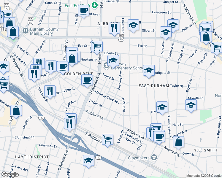 map of restaurants, bars, coffee shops, grocery stores, and more near 207 North Blacknall Street in Durham