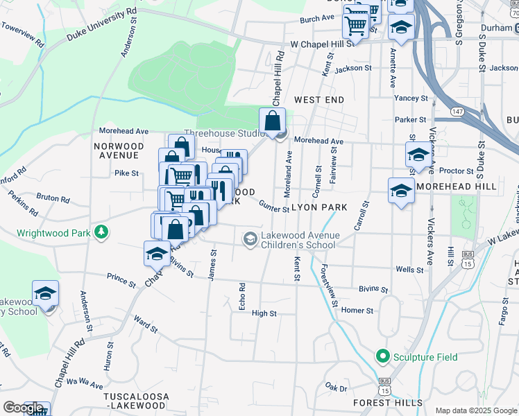 map of restaurants, bars, coffee shops, grocery stores, and more near 1206 Rosedale Avenue in Durham