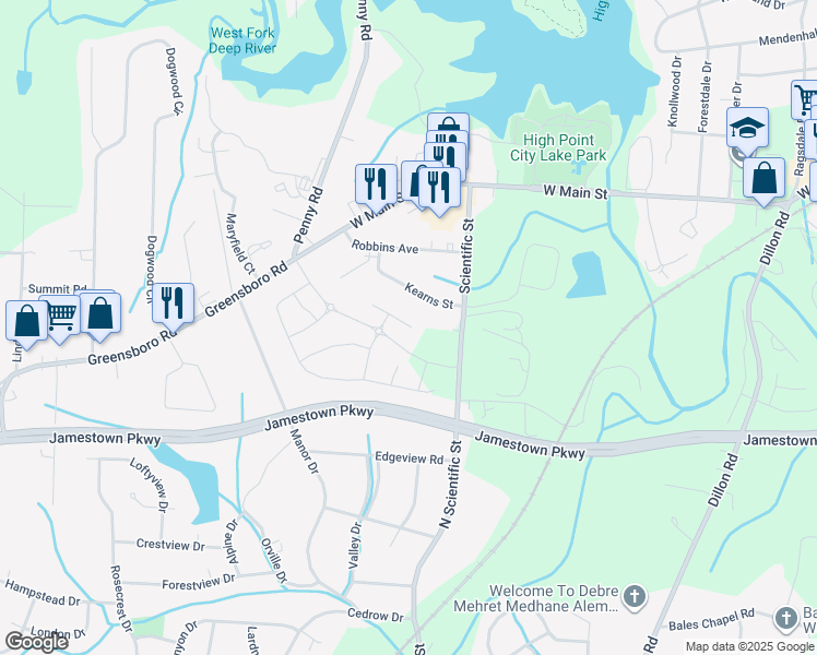 map of restaurants, bars, coffee shops, grocery stores, and more near 101 Kearns Street in Jamestown
