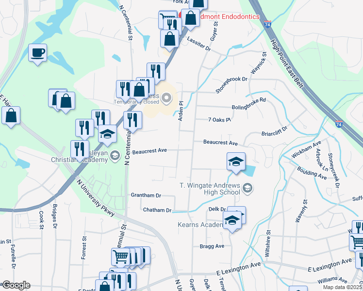 map of restaurants, bars, coffee shops, grocery stores, and more near 1542 Beaucrest Avenue in High Point