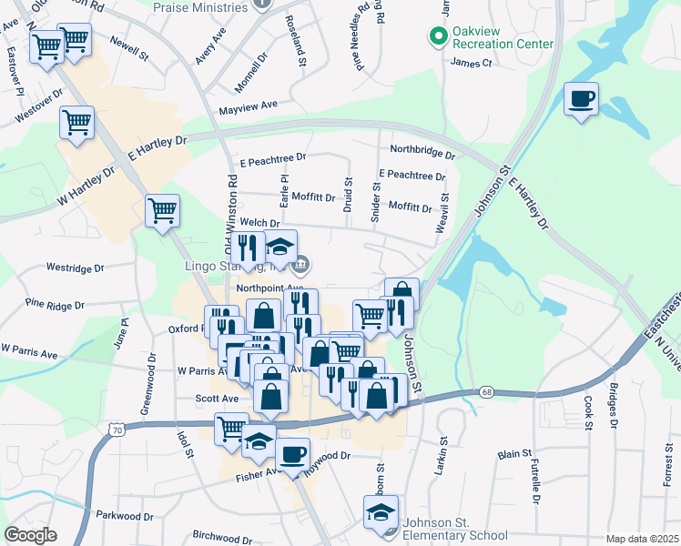 map of restaurants, bars, coffee shops, grocery stores, and more near 215 Northpoint Avenue in High Point