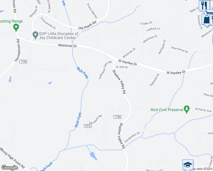 map of restaurants, bars, coffee shops, grocery stores, and more near 940 Londonderry Drive in High Point