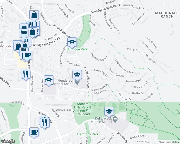 map of restaurants, bars, coffee shops, grocery stores, and more near 2295 Dakota Sky Court in Henderson