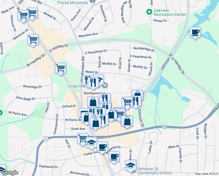 map of restaurants, bars, coffee shops, grocery stores, and more near 201 Northpoint Avenue in High Point