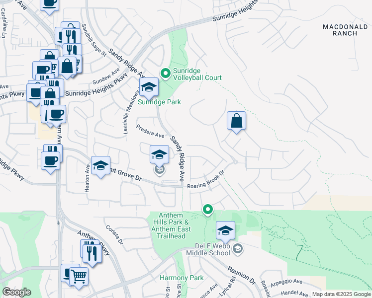 map of restaurants, bars, coffee shops, grocery stores, and more near 1086 Stone Arches Drive in Henderson
