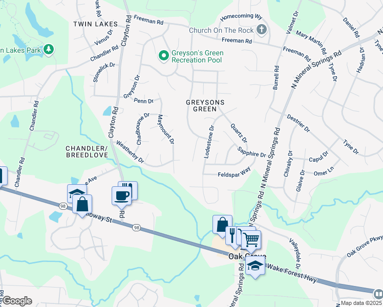 map of restaurants, bars, coffee shops, grocery stores, and more near 12 Olivene Drive in Durham