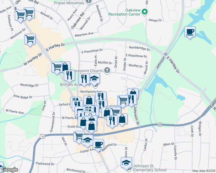 map of restaurants, bars, coffee shops, grocery stores, and more near 208 Northpoint Avenue in High Point