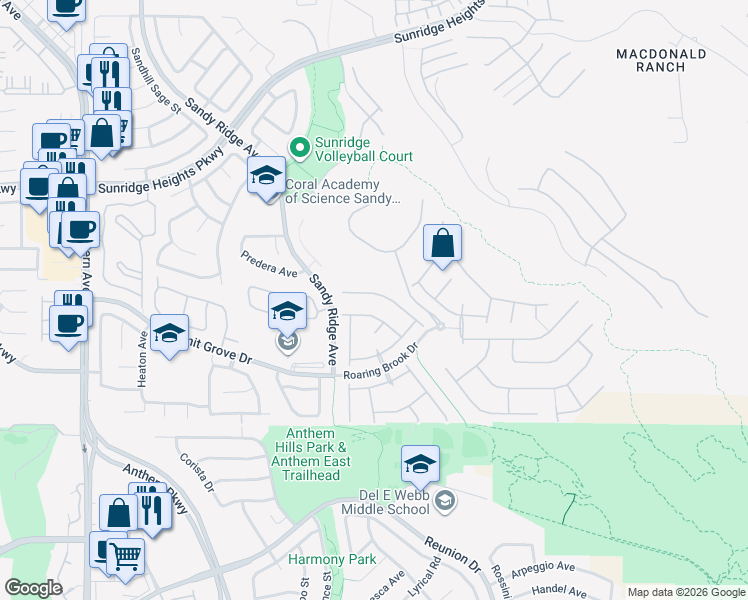 map of restaurants, bars, coffee shops, grocery stores, and more near 2284 Chestnut Ranch Avenue in Henderson