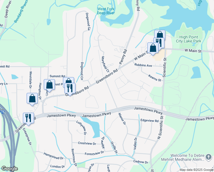 map of restaurants, bars, coffee shops, grocery stores, and more near 142 Manor Drive in High Point