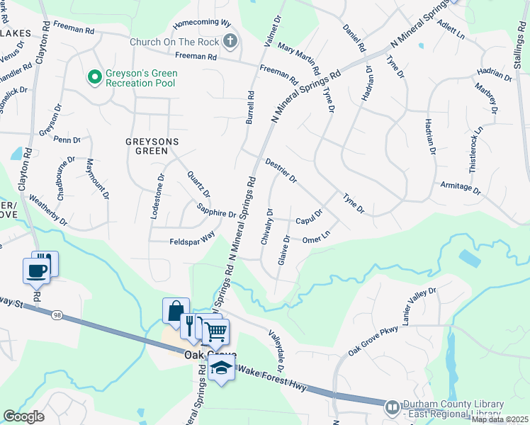 map of restaurants, bars, coffee shops, grocery stores, and more near 601 Chivalry Drive in Durham