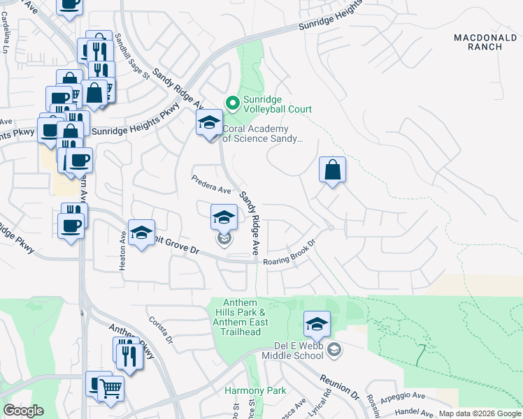 map of restaurants, bars, coffee shops, grocery stores, and more near 2295 Dakota Sky Court in Henderson