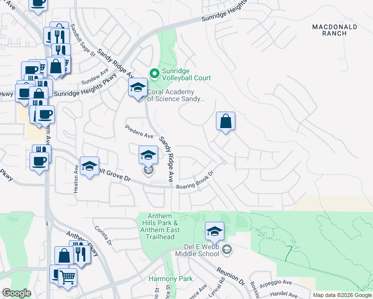 map of restaurants, bars, coffee shops, grocery stores, and more near 2283 Dakota Sky Court in Henderson