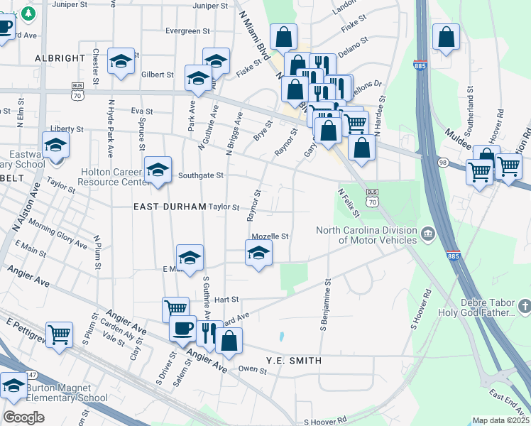 map of restaurants, bars, coffee shops, grocery stores, and more near 2324 Taylor Street in Durham