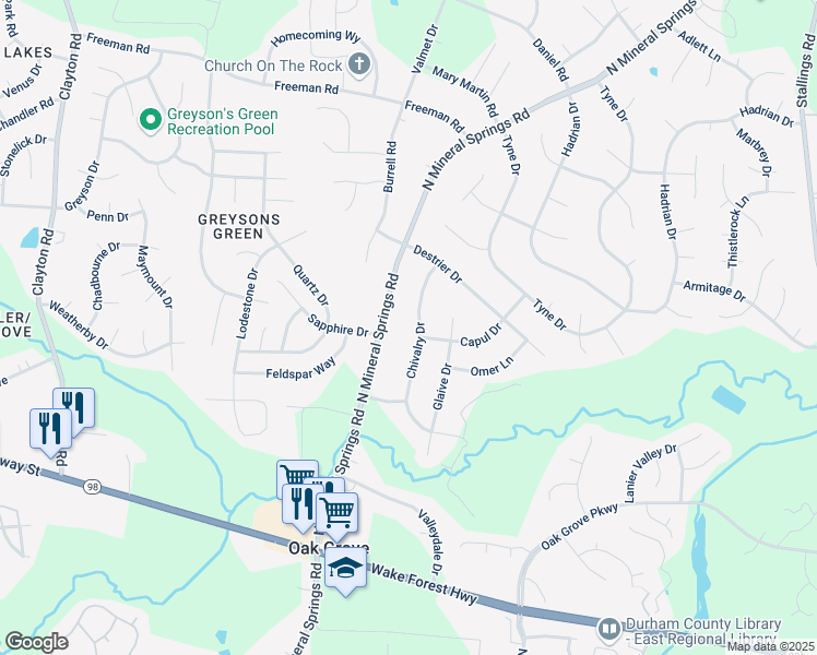 map of restaurants, bars, coffee shops, grocery stores, and more near 601 Chivalry Drive in Durham