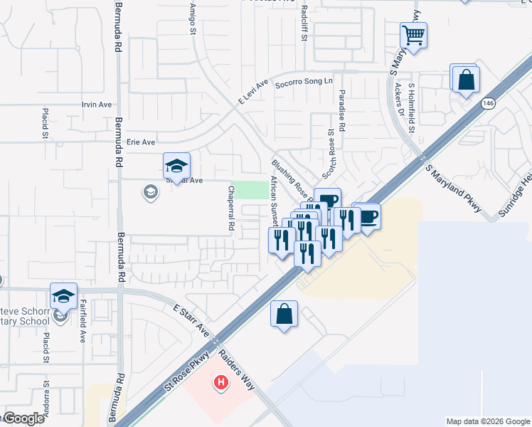 map of restaurants, bars, coffee shops, grocery stores, and more near 3602 Via Santa Maria in Henderson