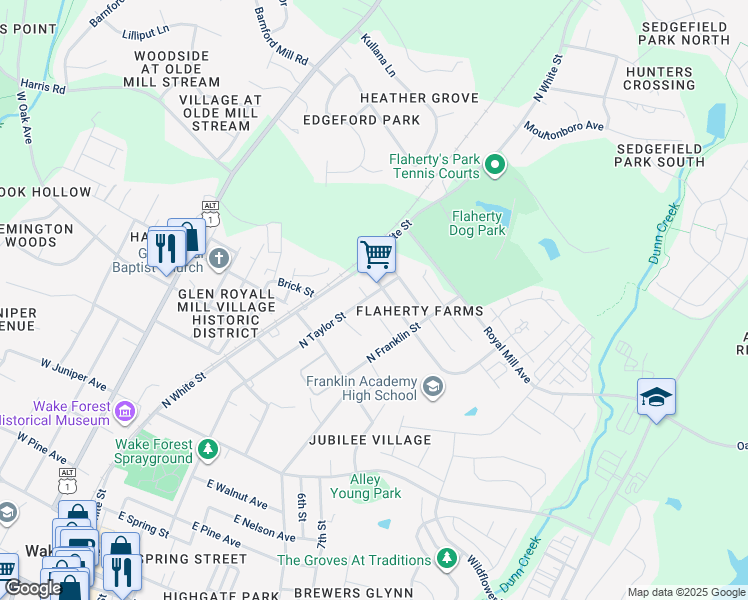 map of restaurants, bars, coffee shops, grocery stores, and more near 862 North Taylor Street in Wake Forest